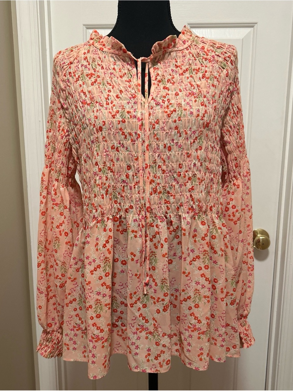 Rose + Olive Floral Smocked Peasant Blouse Sz L Long Sleeve Boho Baby Doll Top